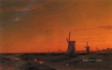 イワン・コンスタンティノヴィチ・アイヴァゾフスキー Painting - 風車のある風景 ロマンチックな イワン・アイヴァゾフスキー ロシア